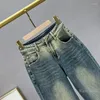 Damenjeans Europäische Mode mit weitem Bein 2024 Frühling Hohe Taille Schwere Stickerei Bohren Mopp Hose Blaue Denimhose