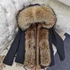 MAOMAOKONG Winter Kleding Vrouwen Natuurlijke Bontjas Echte Wasbeer Bontkraag Parka Verwijderen Nepbont Voering Warme Dikke Korte Jas 240102