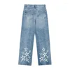 Kvinnors jeans 2024 Fashion Star Denim Baggy Pants Par Y2K Korean Style Wide Leg Woman YK2 Emo Streetwear Male 90s Vintage