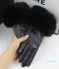 Designer Fashion Rabbit Fur Pu Leather Gloves Women Pouch Screen Full Finger Mittens Ladies High Quality Black Warm Driving Glove7365776