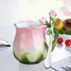 Estilo europeu esmalte cerâmica caneca de café criativo 3d rosa flor forma xícaras pastoral 4 cores café da manhã copos de leite com colher 240102