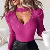 Blusas femininas oco com decote em v topo brilhante diamante strass malha cor sólida magro ajuste camisa magro malhas camiseta