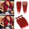 Wefts Water Wave Red Human Hair Bundles with Closure Bright Red Brazilian Wet and Wavy Human Hair Weaves 3Bundles with Lace Front Clsour