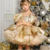 Luxury Short Gold Flower Dresses Off the Shoulder Glitter Satin Sleeveless with Bow Ball Gown Knee Length Custom Made for Wedding Party