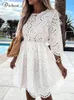 Klänning dicloud vit spets kvinnor bomullsklänning parti bröllop 2021 sommar 3/4 ärm höst höst elegant kläddy ihåliga klänningar