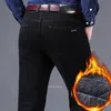 Winter Men Black Blue Straight Stretch Denim Thick Velvet Pants Warm Jeans Casual Fleece Line Trousers Male Plus Size 240103