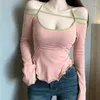 Camisetas sin mangas de algodón con cuello Sexy y hombros descubiertos para mujer, camiseta de manga larga y pura, Top corto de cintura alta para otoño