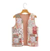 Women's Vests 2024 Ethnic Women Chinese Pink Flower Print Quilted Vest Sleeveless Coat V Neck Binding Waistcoat Front Pocket Vintage