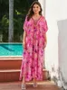 Traje de baño para mujer Edolynsa Rose Borla con cuello en V Cinta Bordada Cuello Borde Vacaciones Bohemio Vestido largo Robe Kaftan Moo Q1627