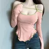 Camisetas sin mangas de algodón con cuello Sexy y hombros descubiertos para mujer, camiseta de manga larga y pura, Top corto de cintura alta para otoño