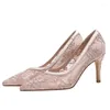 Robe chaussures maille respirant femmes mariage été pointu mince haut moyen talon bas dentelle rose