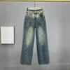 Damenjeans Europäische Mode mit weitem Bein 2024 Frühling Hohe Taille Schwere Stickerei Bohren Mopp Hose Blaue Denimhose