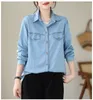 Women's Blouses Casual Wash Blue Denim Shirts Women Basic Single-Breasted Jeans 2024 Spring Tops Loose Fashion Lapel Cowboy Blusas