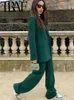 TRAF femme mode vert ample costume veste OL printemps Vintage couleur unie Blazers Double boutonnage femme Chic longs manteaux 240102