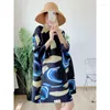Casual Dresses Miyake Pleated Colorblocking Printed Women Dress 2024 Summer Round Neck Long Sleeve Beach Loose Plus Size Designs