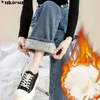 Women Pants Winter Fashion Korean Edition Style Versatile High midja rak cylinder Tjock fleece Wide Leg Jeans 240102