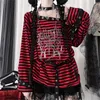 Dames T-shirts Harajuku Punk Gestreepte Print Y2k Gothic Meisjes Off Schouder Blauw Rood Losse Vlinder Letter Jaren 2000 Subcultuur Grunge Tees