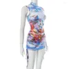 Vestidos casuais tie dye print sheer malha 2 peça vestido conjuntos mulheres mock pescoço sem mangas coletes colheita top cordão plissado mini saias clube