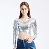 Women's Blouses Club Top Soft Stretchy V Neck Faux Leather Pullover Blouse For Women Slim Fit Performance Dance With Long Sleeve