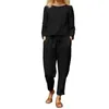 Bomullslinne Blus Långa byxor med Pocket Crew Neck Women Lounge Byxor Set Solid Colic Elastic Midje Dagliga kläder 240102