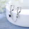 Boucles d'oreilles créoles tendance à deux trous d'oreille, chaîne de perçage, pompon noir pentagramme étoile cristal Simple Boho, bijoux pour dames et filles