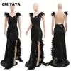 Casual Dresses CM. Women Sequined Spaghetti Strap Feather Hem High Side Slit Mermaid Trumpet Bodycon Midi Evening Sexy Party Maxi