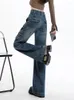 Jeans pour femmes Cargo Femmes Denim Pantalon Bleu Taille haute Streetwear Plus qu'une poche Mode Vintage Pantalon large jambe droite