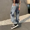 Herren Jeans Hosen Mode High Street Hosen Männer Gerade Wasser Gewaschen Loch Lose Mittlere Taille Für Gestickte Tasche