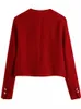 Colección mujer Vintage rojo Tweed Blazer mujer manga larga elegante chaqueta señoras Crop Blazer trajes abrigos para mujer 240102