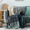 Manta de estilo coreano multifuncional de doble cara, funda para sofá y silla con rejilla azul, tapiz para cama y exteriores con borlas 240119