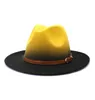 Platt grimgradient fedora hattar med browm bälte kvinnor män spray målade faux ull filt jazz cap panama stil party formell hat3987403