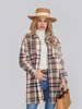 여성용 격자 무늬 프린트 판켓 재킷 긴 슬리브 옷깃 버튼 다운 캐주얼 플란넬 코트 240103