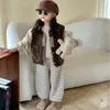 Clothing Sets Korean 2024 Winter Children Girl 3PCS Clothes Set Solid Sweater Fleece Striped Pant Love Pocket Woolen Vest Coat Kid Outfit