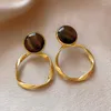 Stud Earrings Korean Retro French Tiger's Eye Stone Round For Women Fashion Cute Sweet Metal Jewelry Party Gifts