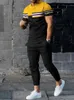 패션 남자 트랙 슈트 티셔츠 2 조각 세트 짧은 슬리브 스포츠웨어 정장 남성 의류 바지 캐주얼 O- 넥 탑 팬츠 스트리트웨어 240102