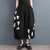 Kvinnors byxor #2907 Floral Print Wide Leg High midja Vintage Baggy Female Thin Loose Calf-Längd Black Trousers Women Streetwear