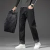 Winter Black Straight Fleece Jeans Mens Brand Casual Trousers Thick Warm Plush Fashion Plus Size Denim 42 44 240102