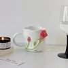 Estilo europeu esmalte cerâmica caneca de café criativo 3d rosa flor forma xícaras pastoral 4 cores café da manhã copos de leite com colher 240102