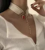 Rode vierkante juweel hanger kettingen designer licht luxe eenvoudig temperament imitatie parel sleutelbeen ketting handgemaakte meerlaagse be1062679