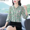 Kvinnor Bluses Green Floral Chiffon Shirt vårens Autumn Summer Mother Blus Beautiful Seven Points Sleeve Tops Fine Elegant