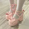 Lolita Schoenen Vrouwen Mary Janes Hoge Hakken Schoenen Dikke Sandalen Zomer Mode Retro Boog Party Platform Pompen 240102