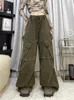 Jeans femininos de alta qualidade cintura básica baggy bolso exército verde larga perna calças coreia moda americana retro outono inverno