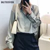 BBTEEVER Chic Frauen Satin Shirts Langarm Solide Drehen Unten Kragen Elegante Büro Damen Arbeitskleidung Blusen Weibliche 240117