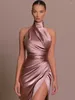 Lässige Kleider Elegantes Luxus-Party-Abendkleid Sexy Frauen ärmelloses langes Neckholder-Fall-Backless High Split Bodycon Maxi Schwarz