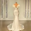 Vintage Dubai Arábia Saudita Pérolas Sereia Vestidos de Casamento Sexy Fora Do Ombro Elegante Marfim Cetim Ruffles Vestidos De Noiva Boho Country Noiva Recepção Robes Personalizados