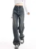 Jeans da donna blu per donna pantaloni denim bottoni tasca impiombati vintage streetwear moda a vita alta gamba larga dritta