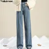 Women Pants Winter Fashion Korean Edition Style Versatile High midja rak cylinder Tjock fleece Wide Leg Jeans 240102