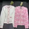 Women's o-neck long sleeve logo letter jacquard single breasted sweet pink color knitted sweater cardigan SML