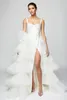 Casual Dresses Satin Long Straight Split Bridal With Detachable Train Pure White 2 Pieces Wedding Gowns Fluffy Tiered Overwrap Skirt