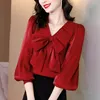 Blouses pour femmes Mode élégante Bow Lanterne Chemise à manches longues Femme Vêtements 2024 Printemps Bureau Lady Col en V Lâche Surdimensionné Blouse de banlieue